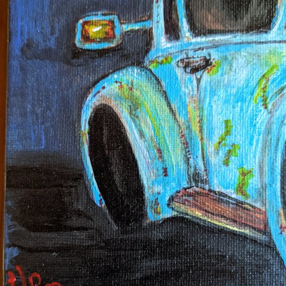 Set of 2 ORIGINAL PAINTINGS 4" x 6" Vintage Volkswagen Beetle Bug Yellow Blue - Picture 4 of 11